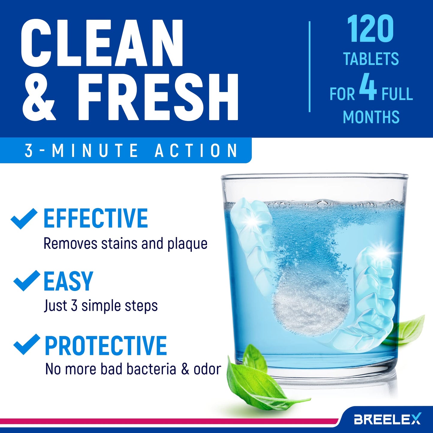 Breelex Retainer Cleaner Tablets for Dentures, Aligners & Night Guards – 120 Denture Cleaning Tablets, 3-Minute Deep Clean, Removes Plaque, Stains & Odor – FSA HSA Eligible