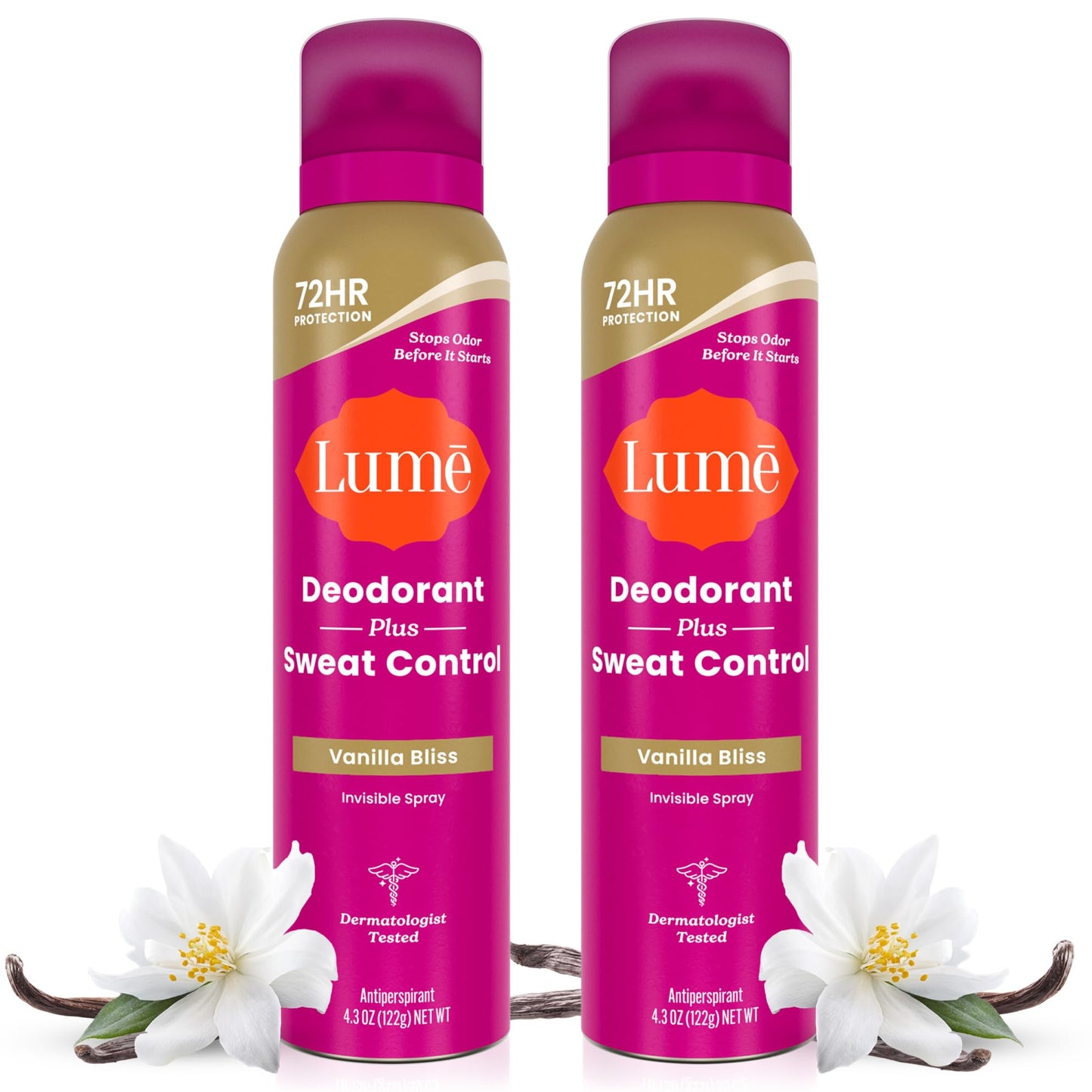 Lume Deodorant Plus Sweat Control - Invisible Spray - Extra Strength Antiperspirant For Underarms - 72 Hour Odor And Sweat Control - Phthalate and Paraben Free Formula - 2 Pack (Vanilla Bliss)