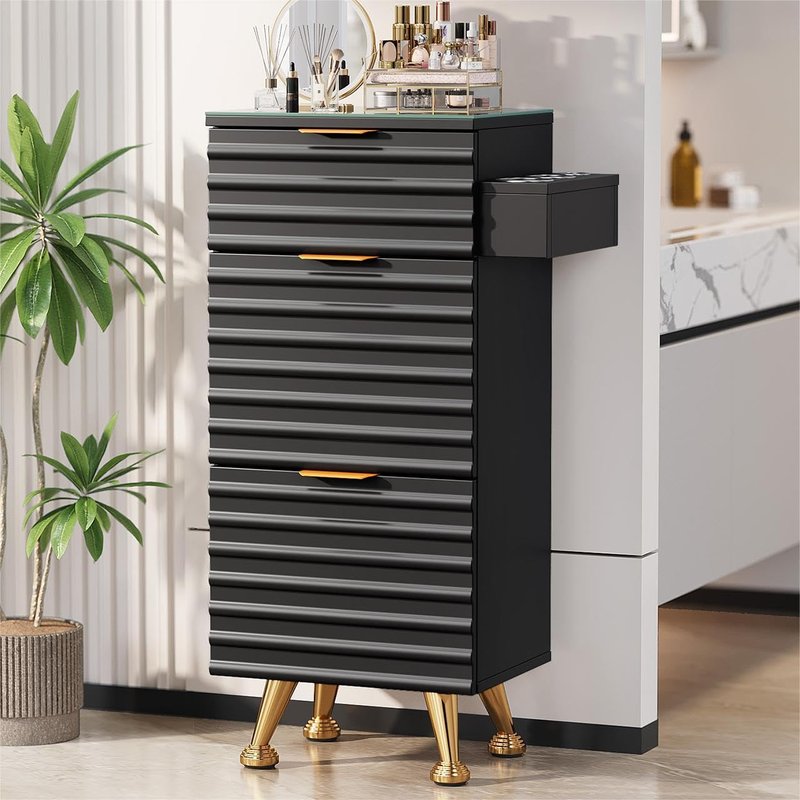 Regine Switzerland Professional Salon Station - Tempered Glass Top, 3 Drawers & Heat Resistant Tool Holders | Black