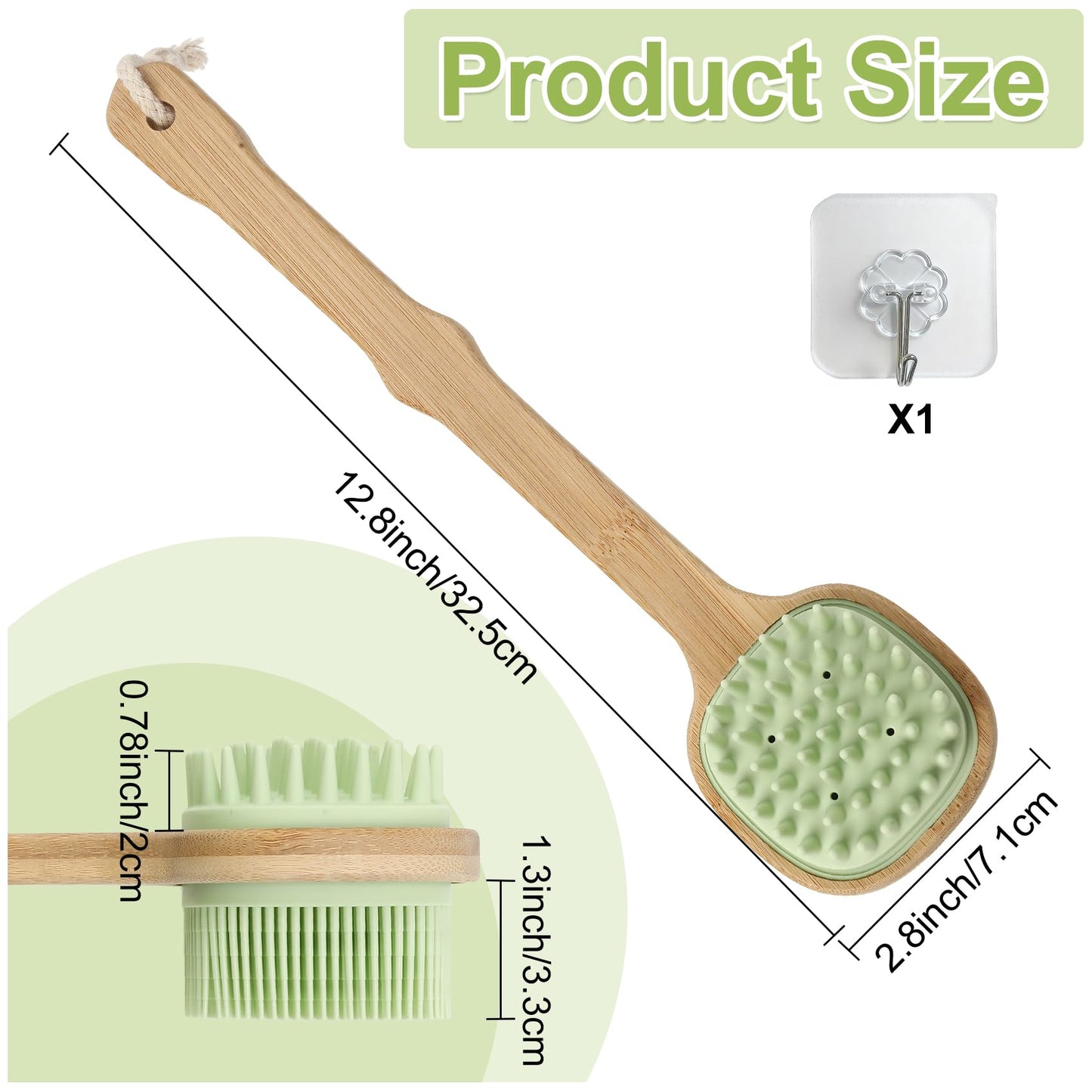 Silicone Back Scrubber for Shower, Silicone Bath Body Brush Loofah with Long Handle, Dual-Sided Shower Brush for Body, Green Exfoliating Body Scrubber for Men Women, Back Washer for Men with Hook