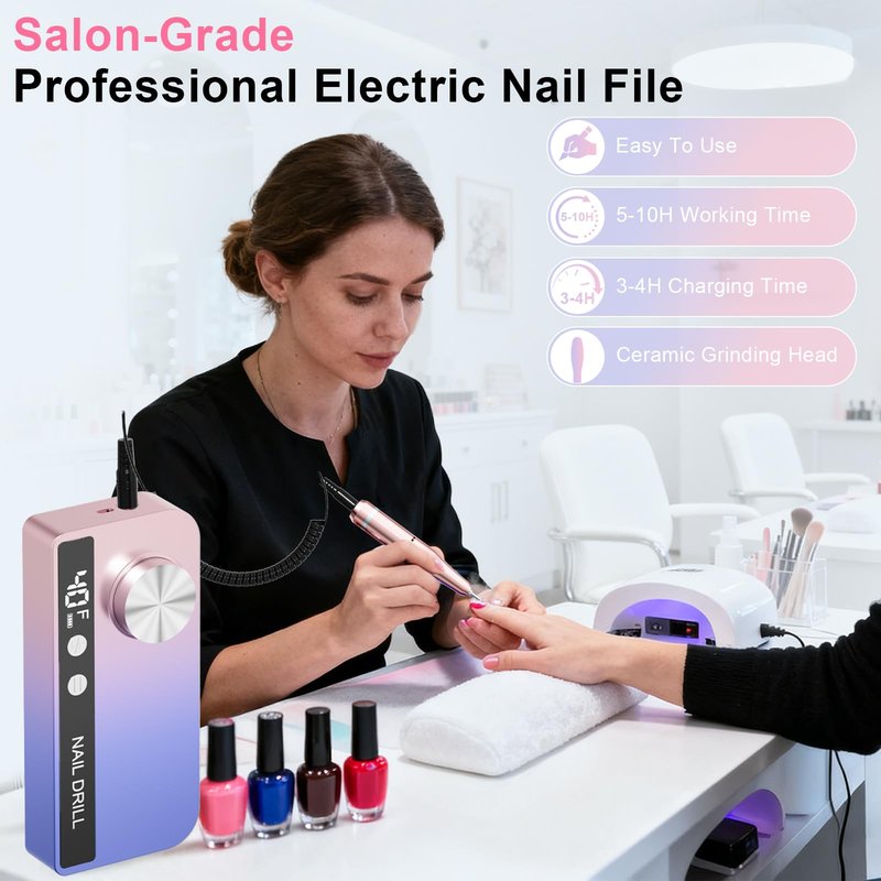Professional Electric Nail Drill 40000RPM for Salon Home Use, Rechargeable Nail File Machine Kit with 12PCS Bits for Acrylic Gel Nails, Portable Efile Manicure Pedicure Tool (Pink Blue)
