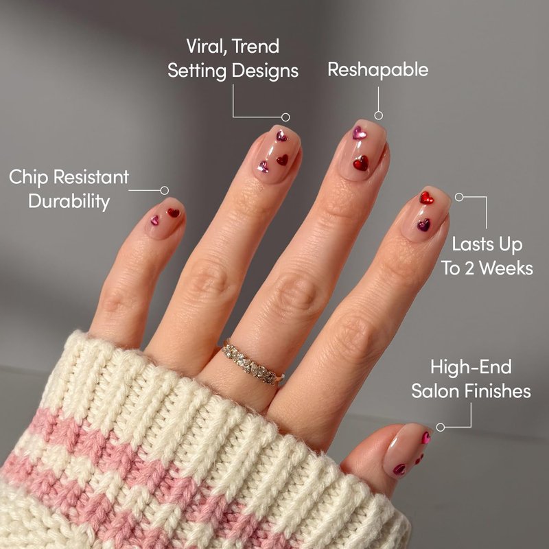 Glamnetic Press On Nails - Short Squoval Fake Nails with 3D Red & Pink Gemstone Hearts | 15 Sizes - 30 Nail Kit with Glue