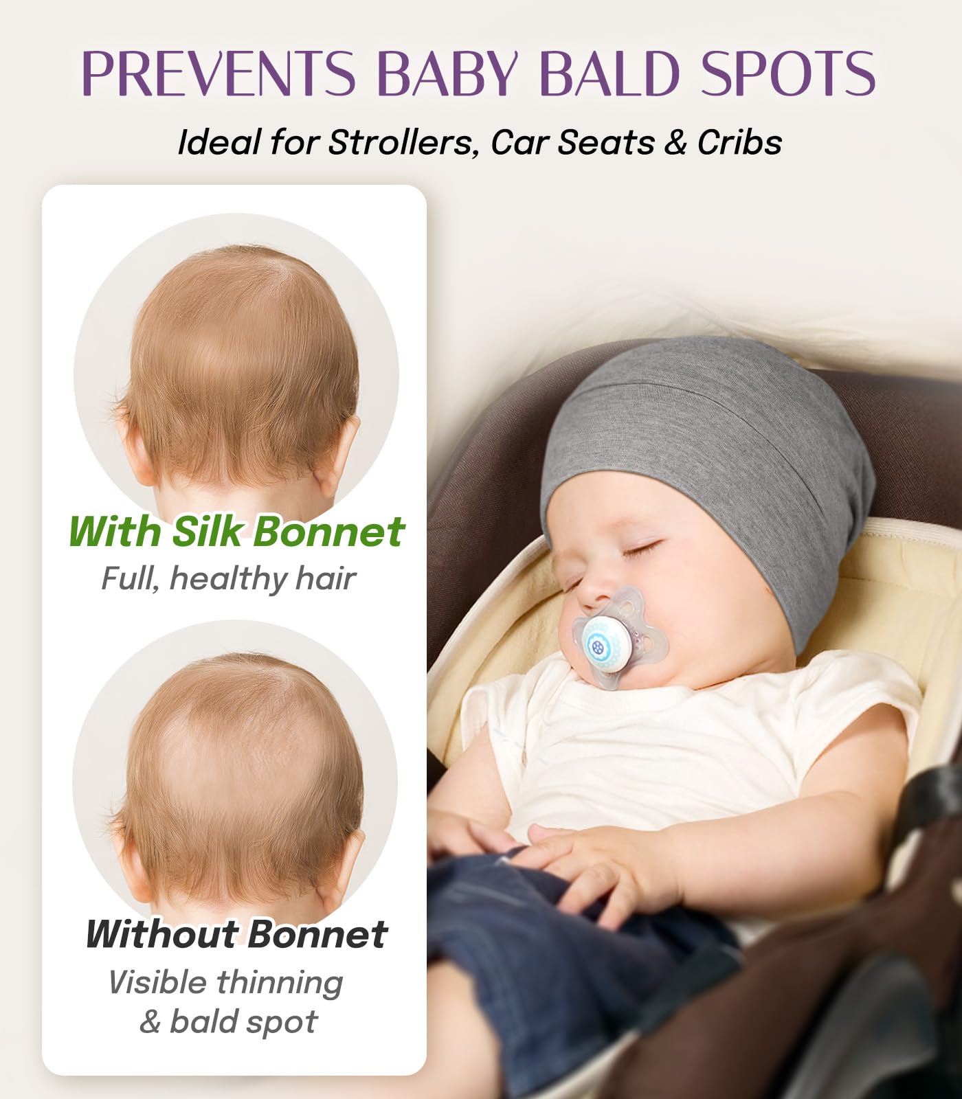 OLESILK Silk Baby Bonnet for 0-6 Months - 100% Mulberry Silk Toddler Hair Bonnet, Adjustable Night Cap for Sleeping Light Grey