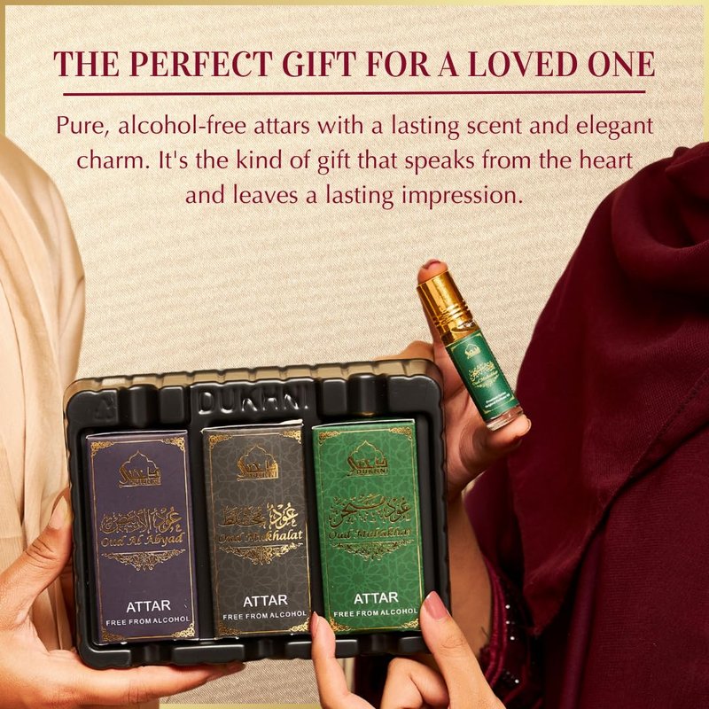 Dukhni Royal Oud Attar Oil Set - Pure Original Oudh Oil | 3 Mini Roll-On Perfumes (6ml Each) - Perfect Eid & Ramadan Gifts