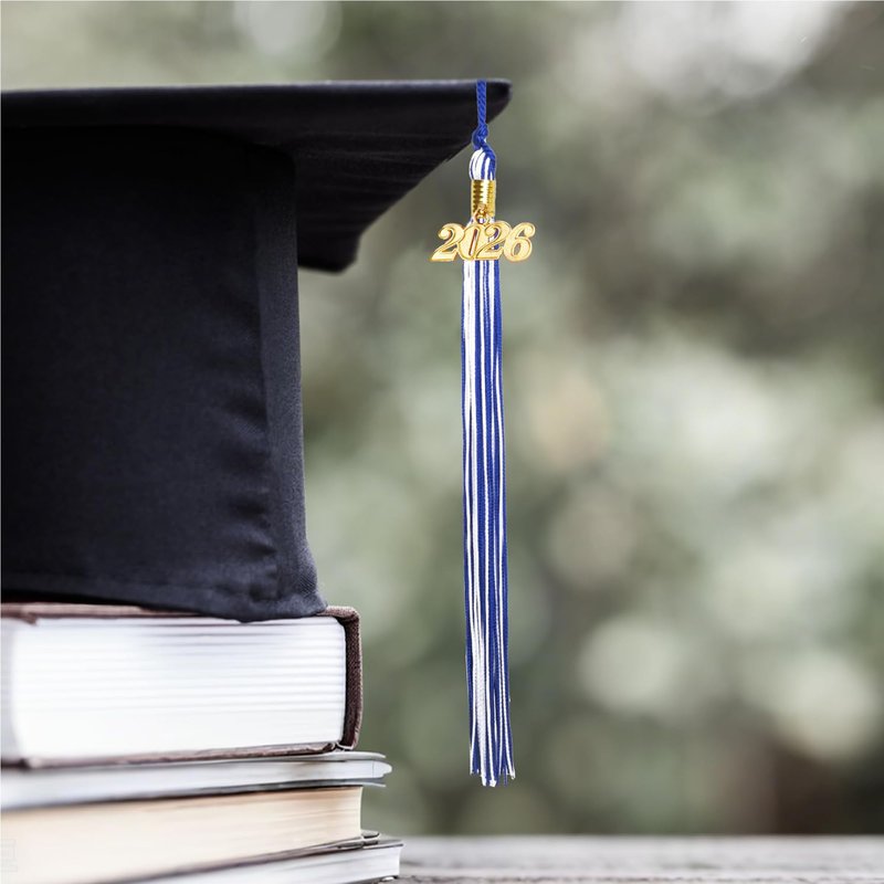 2026 Tassel Graduation, Tassels for Graduation Cap 2026, Blue White Tassel Cap Decorations with Gold Charms Memorial Cords Graduate Hat Ceremonies Accessories for Class of School Grad Souvenir Gifts