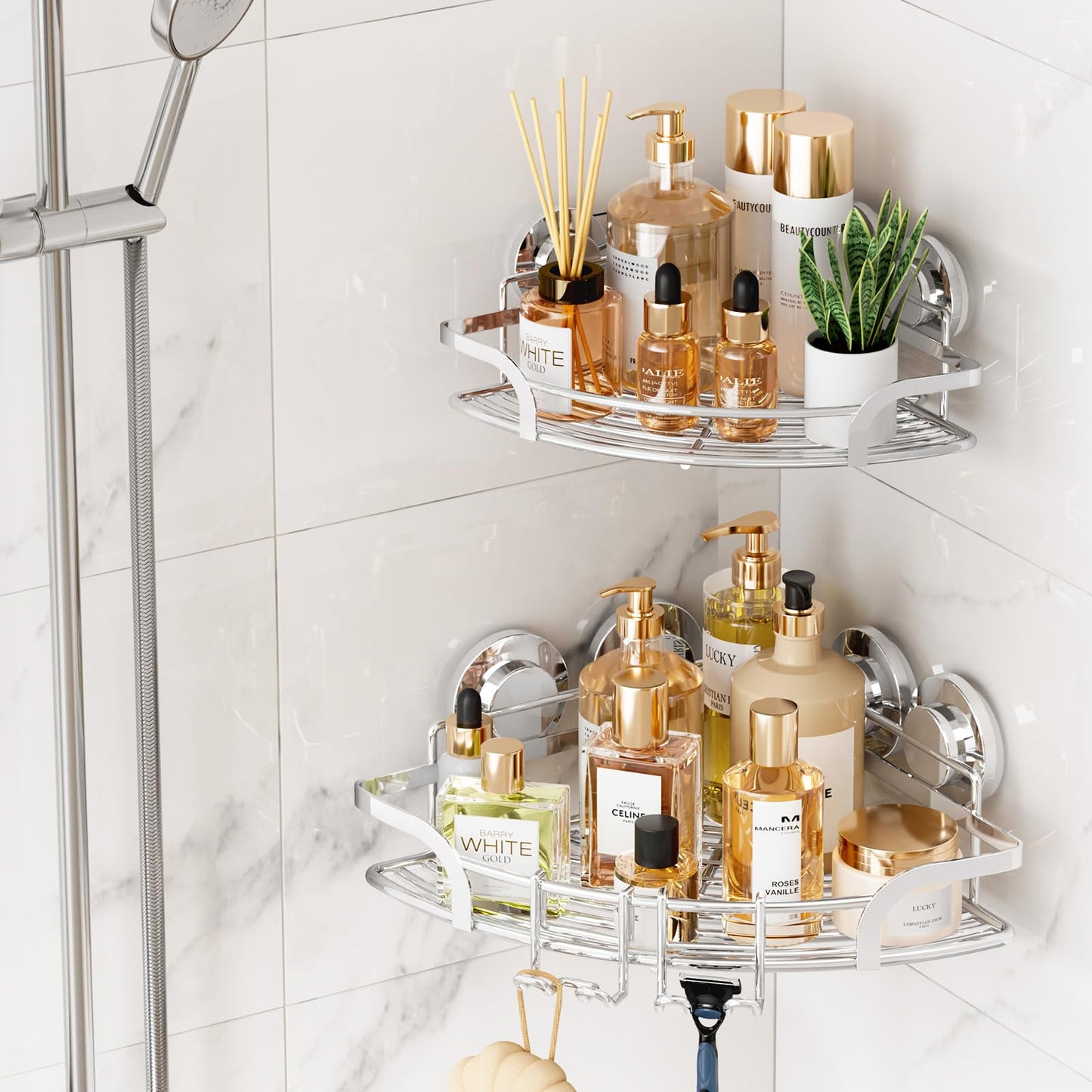 TAILI 2 Pack Powerful Suction Cup Corner Shower Caddy, Stainless Steel Rustproof Shower Shelf with Hook, Drill-Free Wall Mounted Basket, Large Capacity Removable Suction Cup Bathroom Organizer, Silver