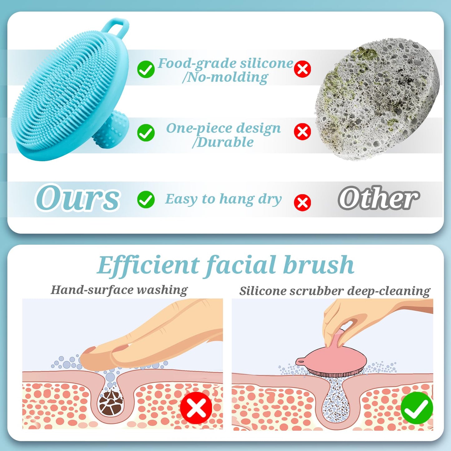 GEENOA Silicone Face & Back Scrubber Set, Manual Face & Body Scrubber Exfoliator with Soft Bristles and Non-Slip Handle, Back Brush Bath Brush with Detachable Brush Head(2PCS Blue Set)