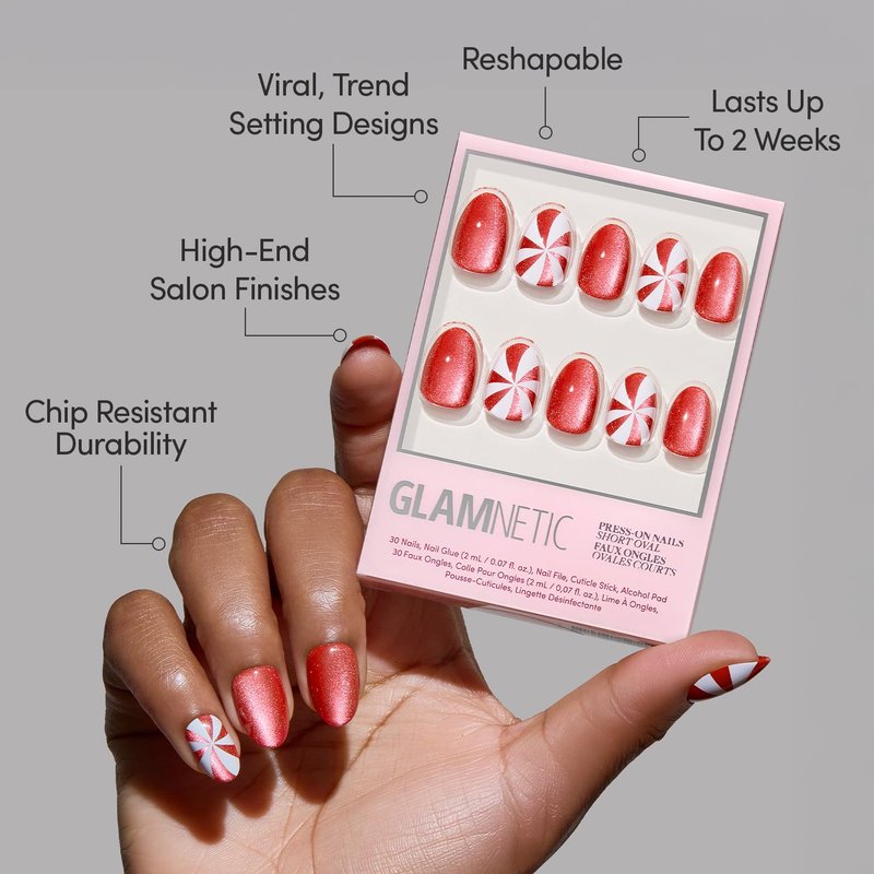 Glamnetic Press On Nails - Candy Crush | Short Oval Velvet Holiday Nails, 15 Sizes - 30 Nail Kit with Glue