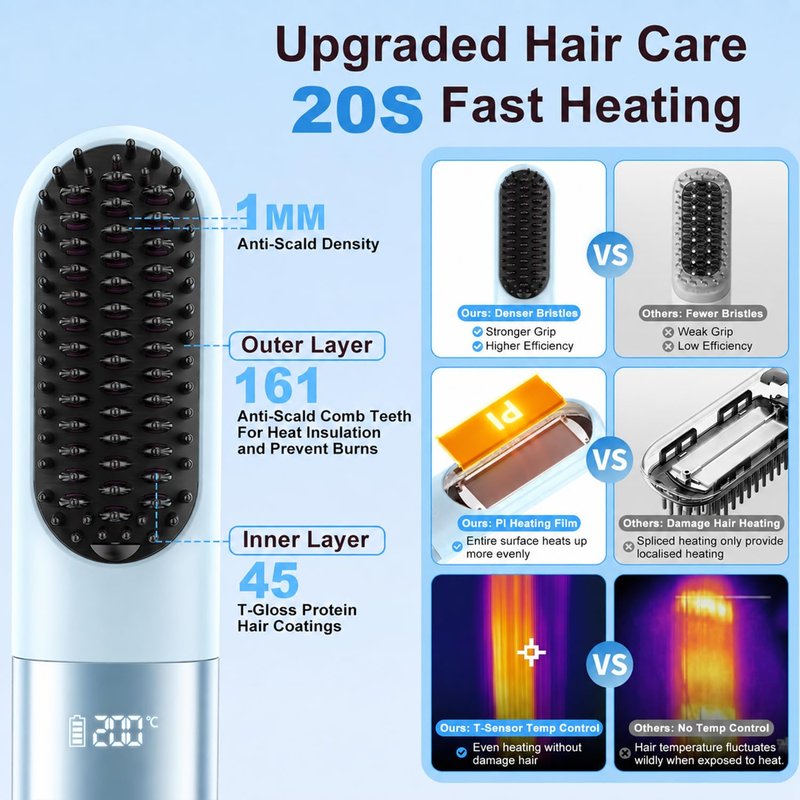 Cordless Hair Straightener Brush with Cool Air, 5-in-1 Portable Ionic Frizz-Free Straightening Brush, Rechargeable Touch Up On-the-Go Brush, MCH Fast Heating, LED Display, Anti-Scald for Women Travel