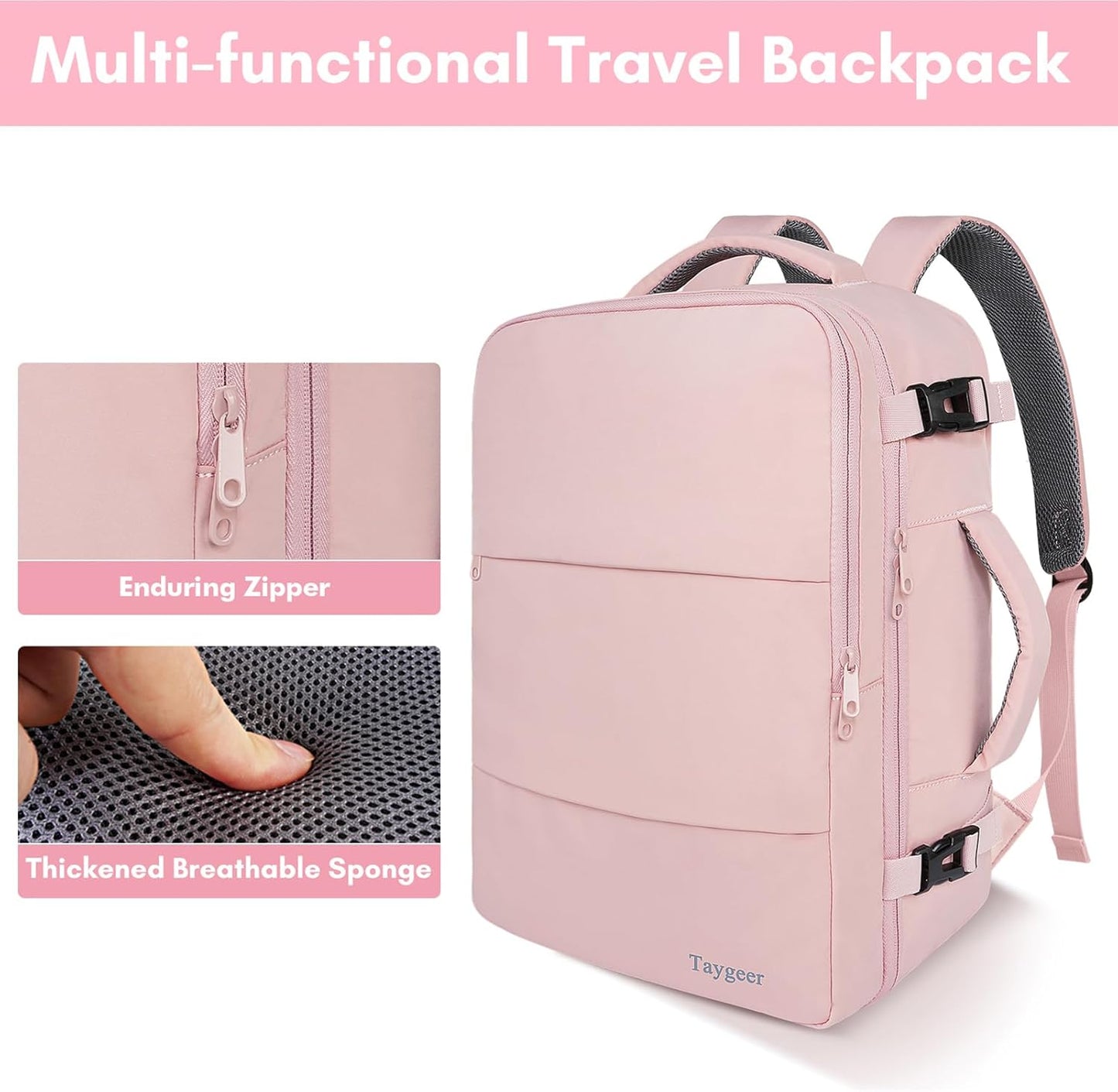 Taygeer Travel Backpack for Women - TSA-Approved 15.6" Laptop Bag with Water Bottle Pocket & Shoe Pouch | Pink Casual Daypack for Business & Hiking