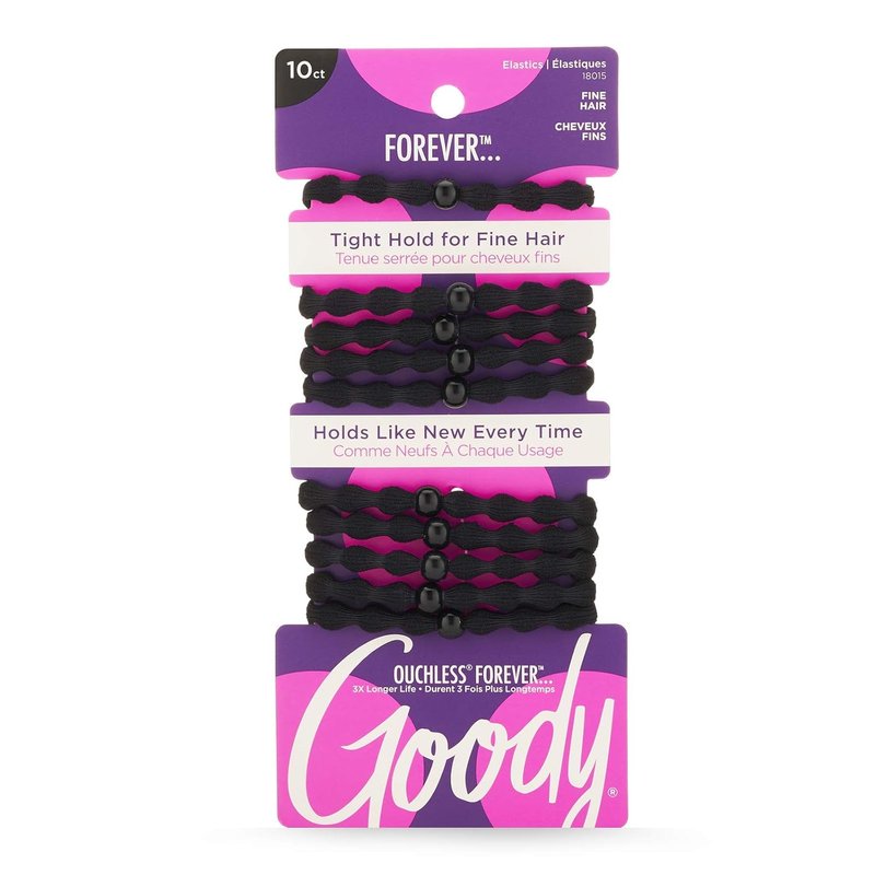 Ouchless Fine Hair Elastics - 10 Ct Black Damage-Free Bands | 3X Stronger, Retainable Shape, 16 Strand Core