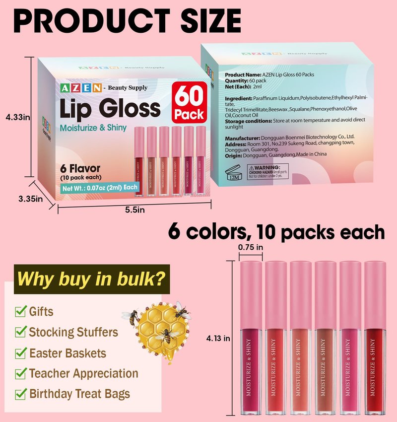 AZEN 60 Pack Lip Gloss Bulk Set, Shimmery Lip Gloss for Women and Girls With Rich Varied Colors, Mothers Day Gifts for Women