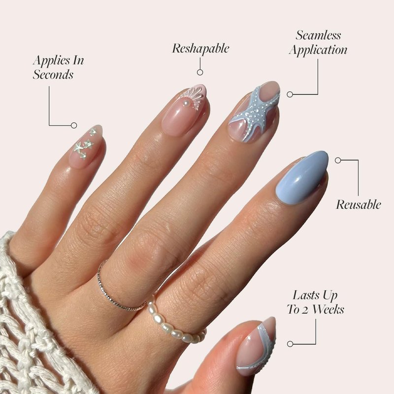 Glamnetic Press On Nails - Salty Waves | Short Almond Starfish 3D Nail Art | 30-Piece Kit with Glue, 15 Sizes Available