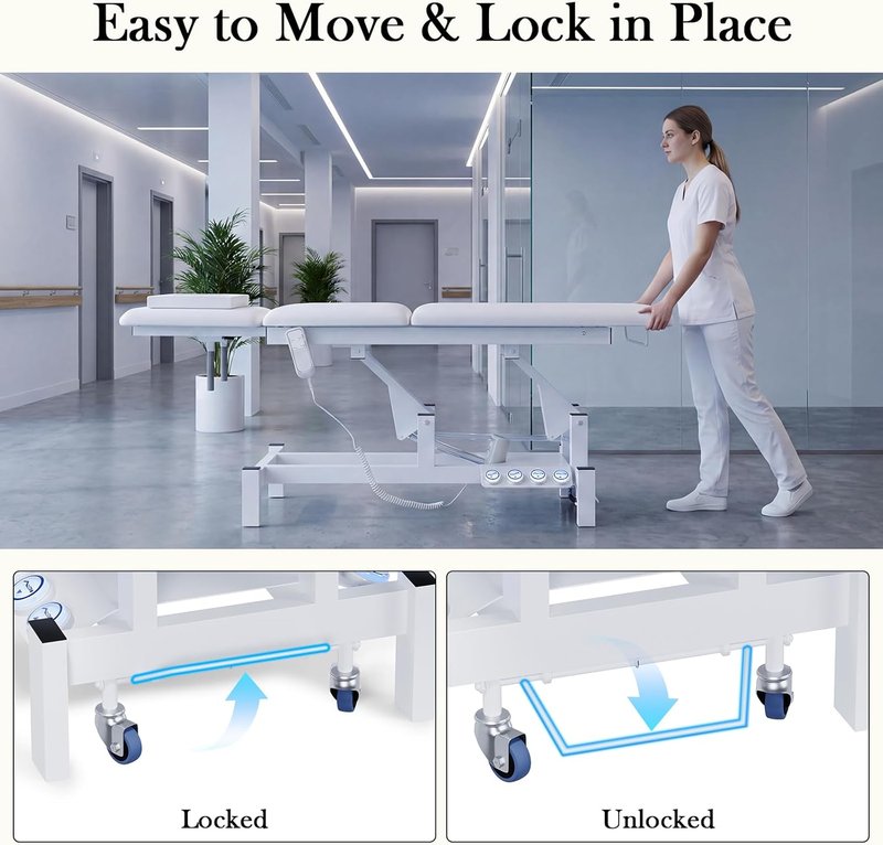 2-Motor Electric Massage Treatment Table w/Wheels, 3-Section Angle & Height Adjustable, Professional Spa Esthetician Bed for Facial, Tattoo, Waxing, Physical Therapy & Medical Exam Table