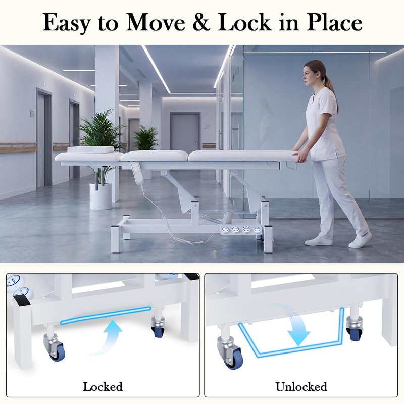 2-Motor Electric Massage Treatment Table w/ Wheels, 3-Section Angle & Height Adjustable, Professional Spa Esthetician Bed for Facial, Tattoo, Waxing, Physical Therapy & Medical Exam Table w/ Stool