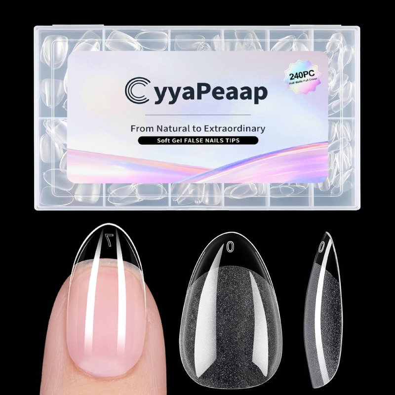 CyyaPeaap Medium Almond Nail Tips - 12 Sizes 240 PCS Half Matte Full Cover Clear Fake Nails Soft Gel Pre-shaped Press On False Nails Acrylic Soft Nail Tips Medium Extension Manicure DIY Gelly Tips