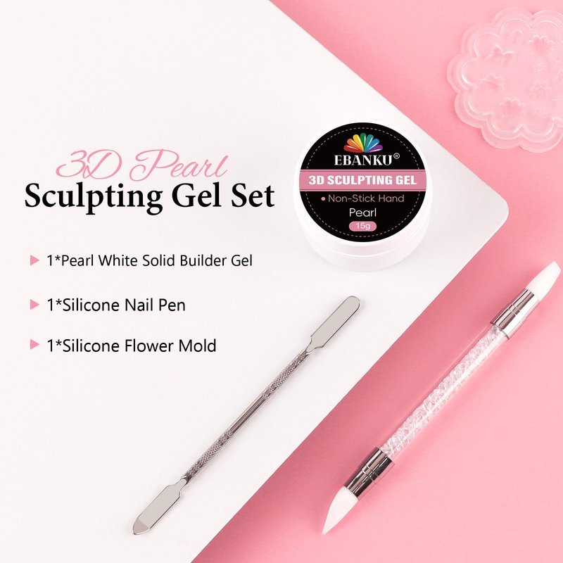 EBANKU 3D Sculpting Gel for Nail Art, 15g White Pearl Solid Builder Nail Gel Non-Sticky Hard for Carving Molding Nail Extension with Silicone Mold, Pen, Soak Off UV/LED Nail Art Salon Home DIY
