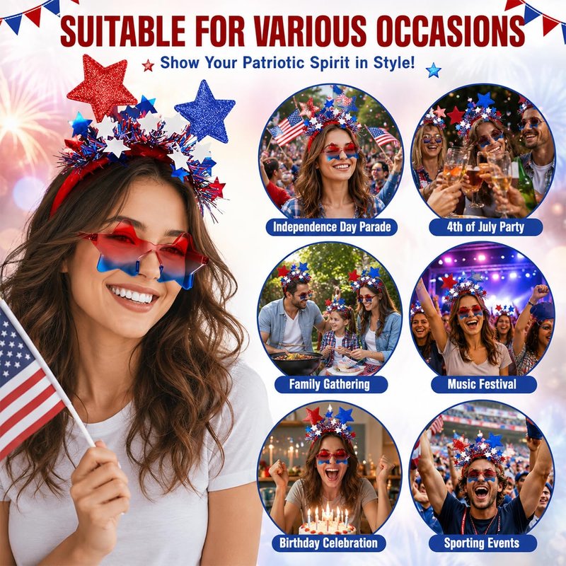 4th of July Patriotic Headband and Star Sunglasses Set Red White Blue Glitter Star Headband with Tinsel Independence Day Accessories for Women Novelty Glasses for 250th Anniversary Parade Photo Booth