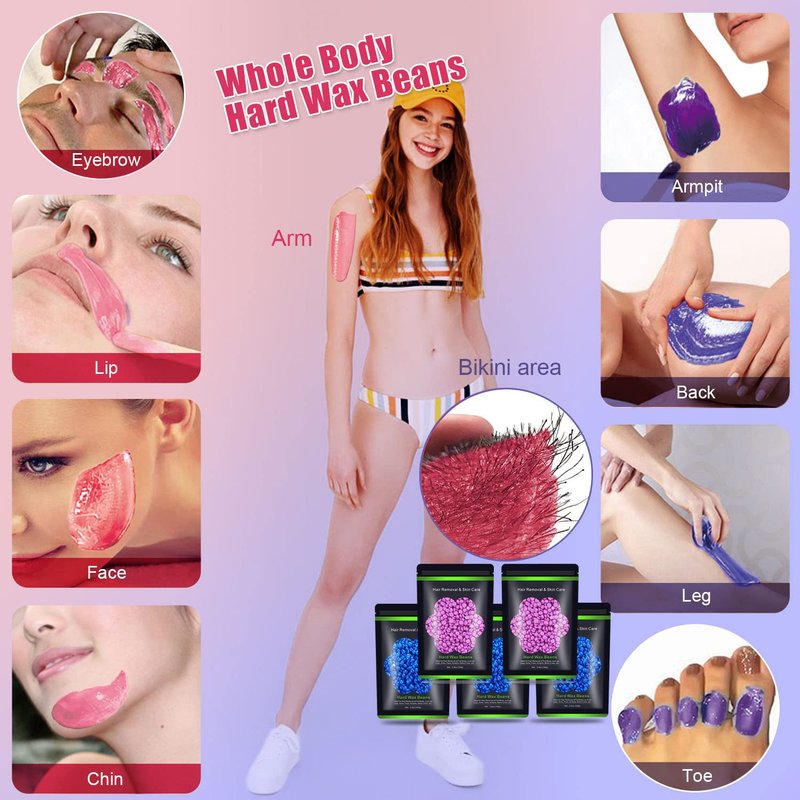 Hard Wax Beans 17.5Oz, Hair Removal Body European Brazilian Pearl Waxing Beads For Women Men Include 10 Waxing Spatulas For Bikini, Eyebrow, Face, Armpit 5 Packs