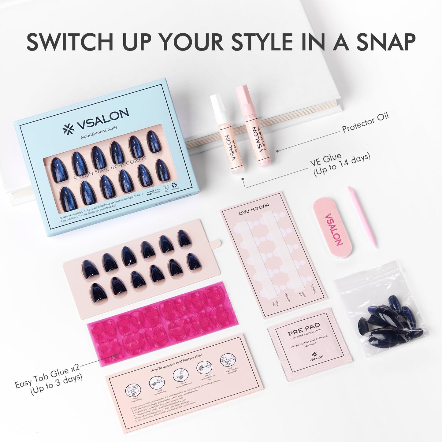 VSALON Press On Nails - Short Almond Blue Cat Eye Chrome Kit | 32 PCS Reusable Gel Nails with Glue & Cuticle Oil