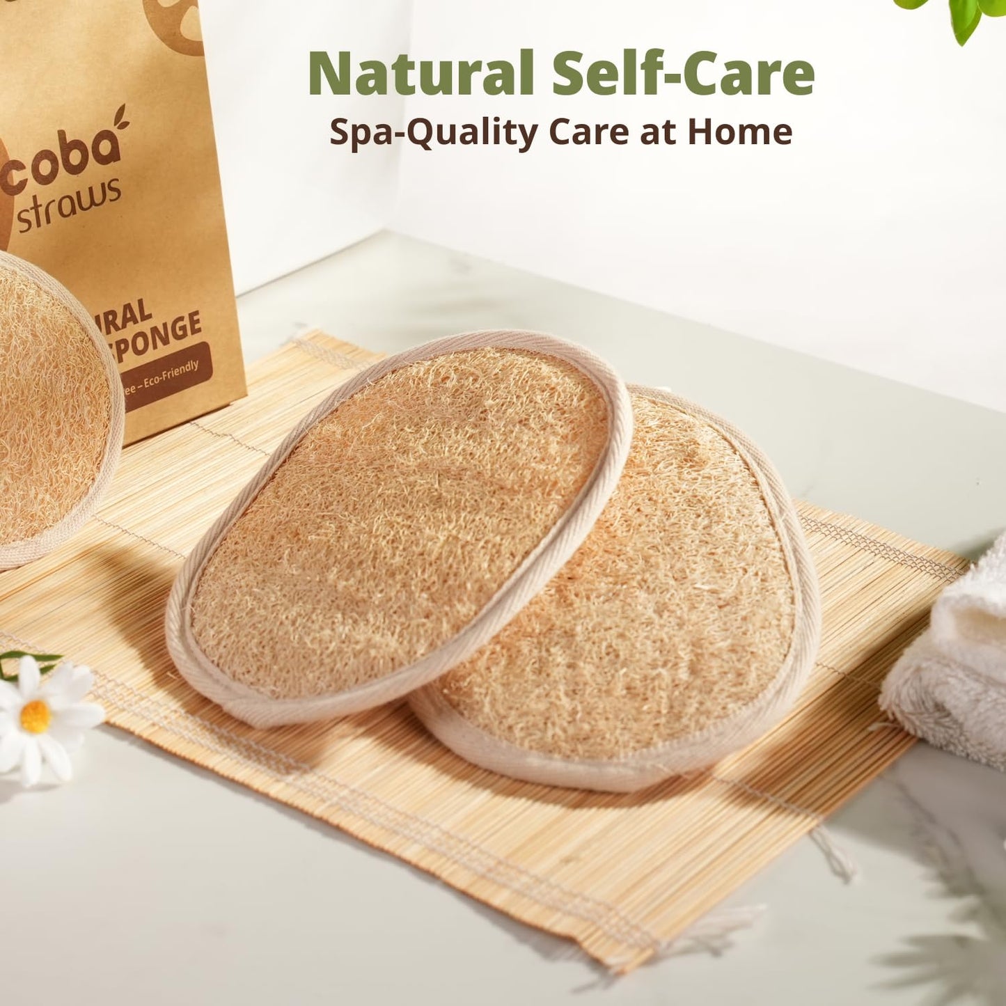 Coba Straws Natural Loofah Exfoliating Body Scrubbers – 3 Pack | 100% Plant-Based Shower Luffa Sponge Set for Deep Cleansing, Smooth & Glowing Skin | Bath Loofah for Women & Men