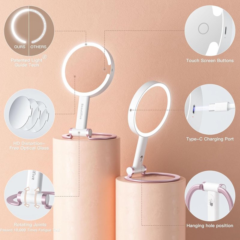 7-Inch Magnifying Mirror with Light - Rechargeable Double-Sided 10X/1X Handheld Makeup Mirror | Pink with Stepless Dimming