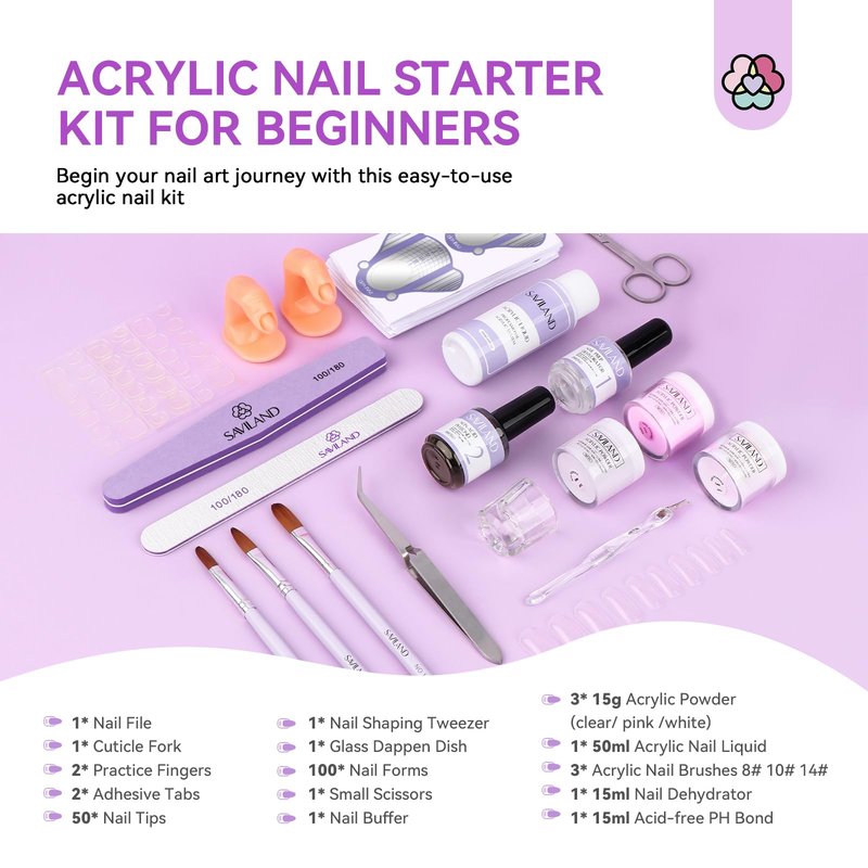 SAVILAND Acrylic Nail Kit for Beginners: White Pink Clear Acrylic Powder and Liquid Set with Nail Dehydrator Primer Brushes Forms Tips Tools Nails Kit Acrylic Set with Everything Home DIY