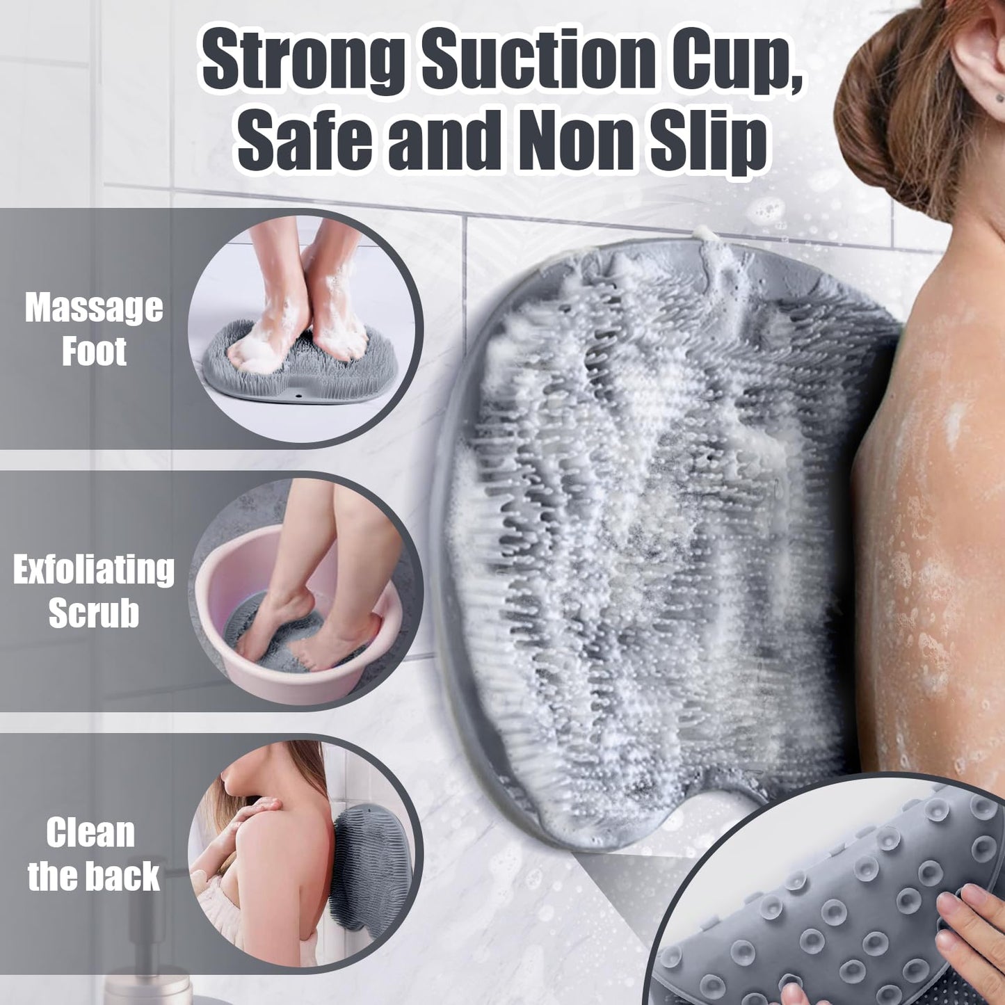 Eptchn Hands-Free Silicone Foot Scrubber Mat CleanFootFlex with Suction Cups – Deep Cleaning Foot Brush & Back Massager Pad, Anti-Slip Foot Scrubber Mat for Shower Floor (Gray)
