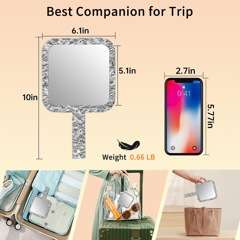 Famihomii Dual-Sided Hand Mirror, Handheld Mirror with 1X/7X Magnification, Hand Mirror with Handle, 10.0" x 6.1", Lightweight & Durable, Portable & Hangable for Makeup, Shaving - Chorme