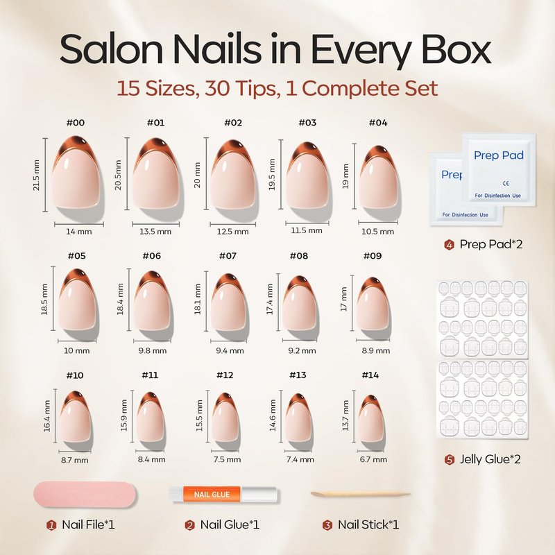 Modelones French Tip Press-On Nails - Short Almond Fake Nails with Glue & File | 30 Pcs, 15 Sizes, Leopard Design
