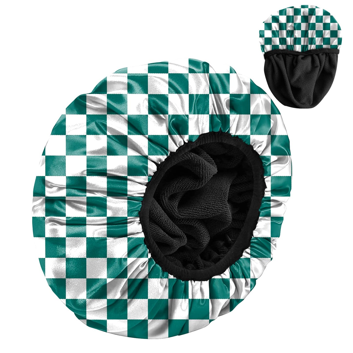 Zewurtuw Luxury Shower Cap Terry Cloth Lined EVA Waterproof Reusable Triple Layer Elastic Hair Bath Caps for Women Girls Cute-Green Checkered