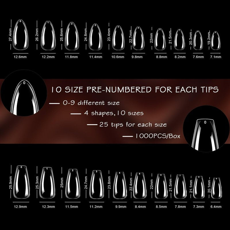 ELLEWIN 1000PCS Nail Tips Clear False Nails Full Cover for Acrylic Nails Kit 10 Sizes 4 Shapes Long Almond Square Coffin Oval Pre-Shape for Salon Home DIY Gifts