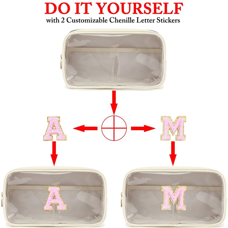 Fammart Clear Makeup Bag with 2 Customizable Chenille Letters - Waterproof PU Leather Cosmetic Case, Large Personalized Toiletry Pouch for Women & Teens, Ideal for Travel & Gift