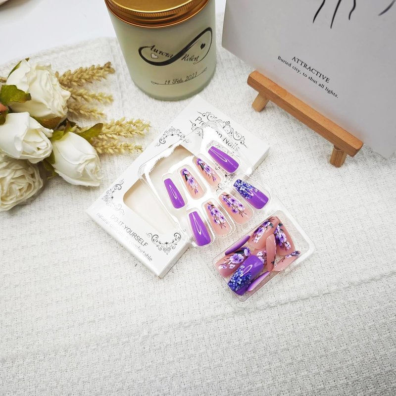 24Pcs Purple Press on Nails Spring Fake Nails Purple Flower Design False Nails Long Square Acrylic Nails Full Cover Glossy Stick on Nails for Women Girls Spring Summer Nail Art Decor