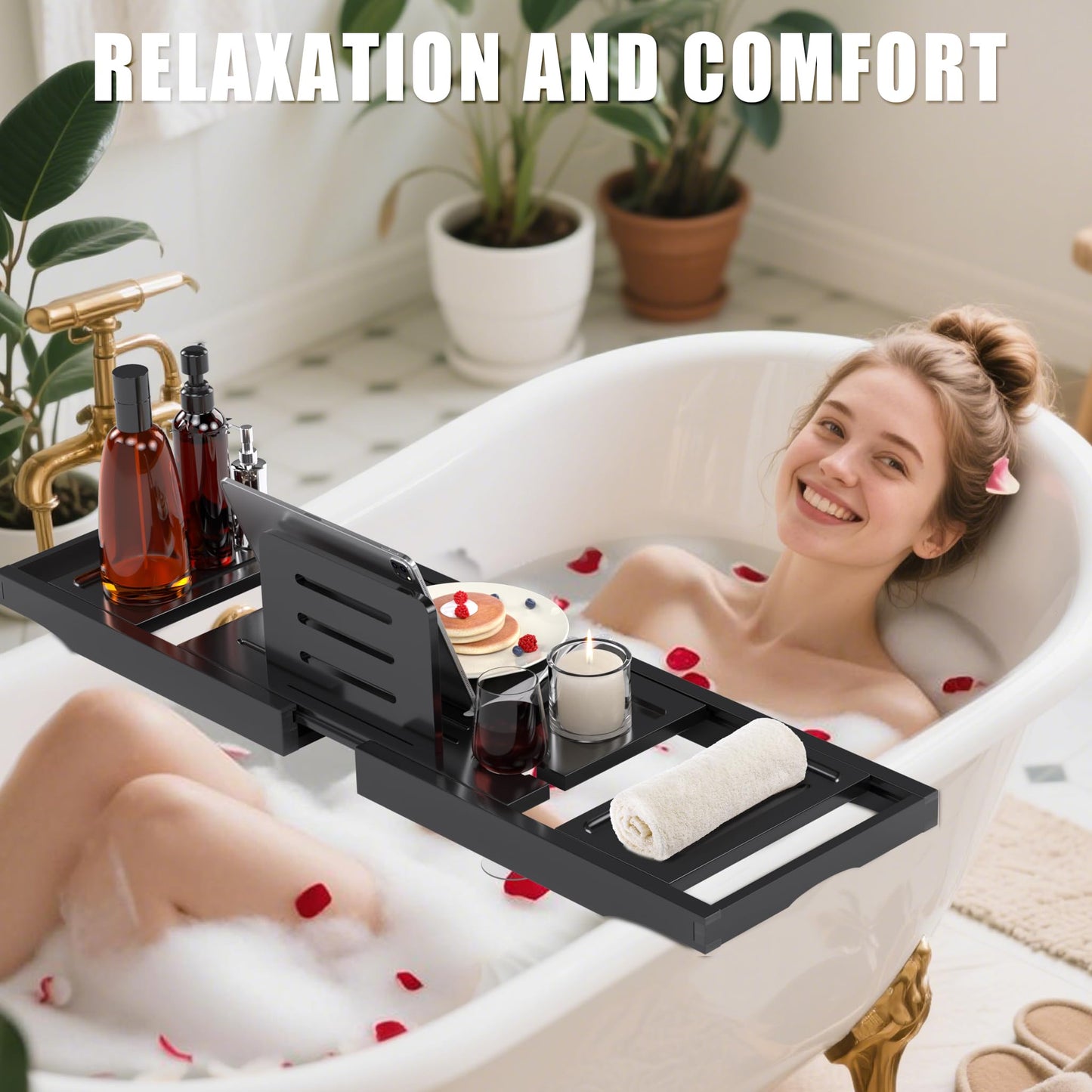 Bathtub Tray Caddy,Premium Bamboo Expandable Bath Tub Trays Table