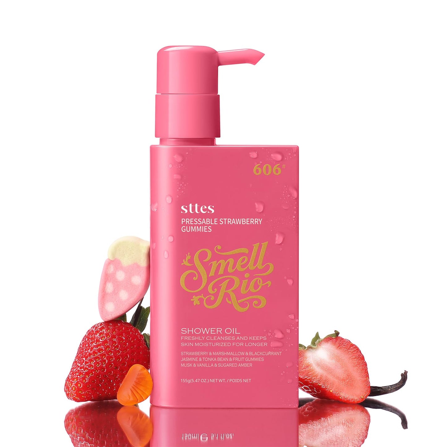 Sttes Smell Rio Shower Oil 606# (Pressable Strawberry Gummies) – Moisturizing Body Wash with Strawberry Candy & Vanilla Marshmallow Scent, Natural Plant Oils, No Mineral Oil, Parabens or Phthalates
