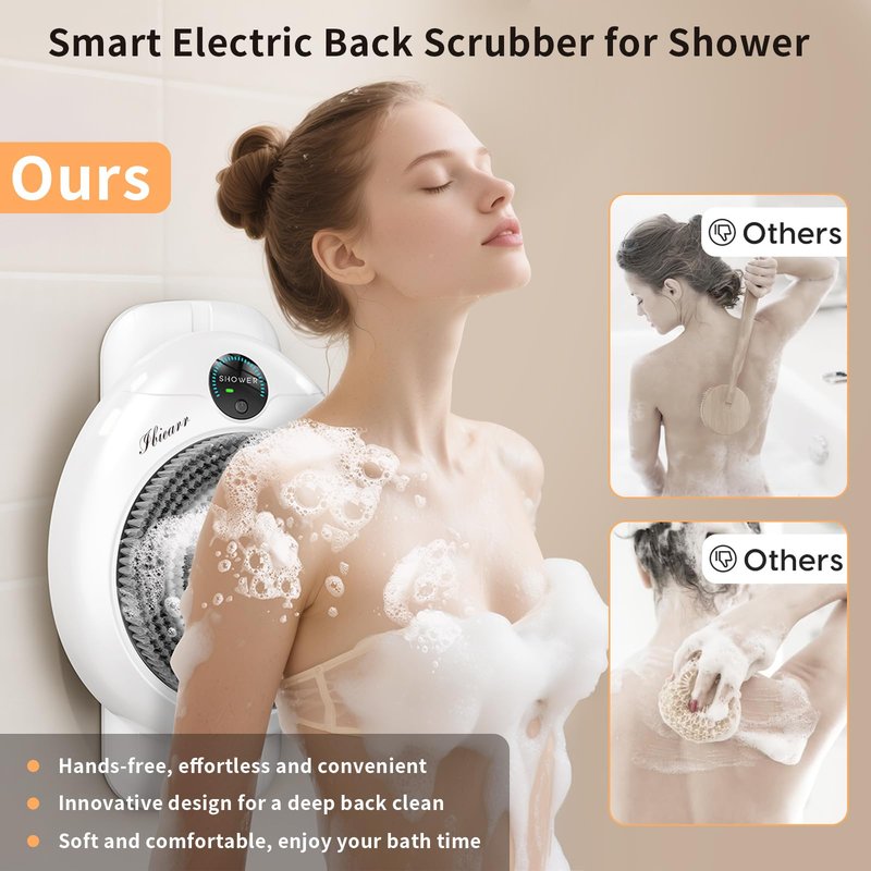 Electric Back Scrubber for Shower - Wall Mounted Exfoliating Brush, Hands-Free Automatic Body Scrubber, IPX7 Waterproof, 3-Speed Adjustment, 3 Replaceable Heads with Dry Brush (White)