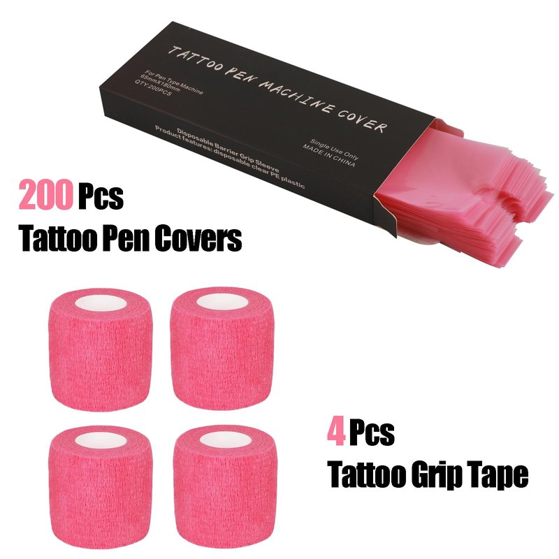 MIUXIA 200 Pink Tattoo Pen Covers 4 Grip Tapes Large Tattoo Machine Covers Tape Wrap Supplies