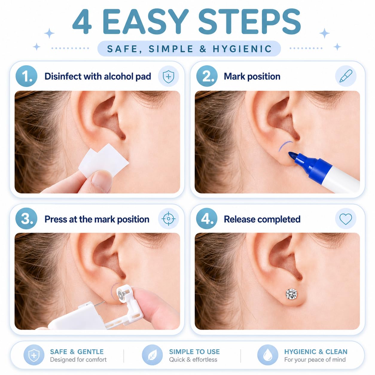 Anzero Ear Piercing Kit Disposable Ear Cartilage Piercing Gun Kit with Sterile CZ Studs, Painless Piercing Gun for Home Self-Use, Easy & Safe Piercing for Women, Men & Girls - 3MM