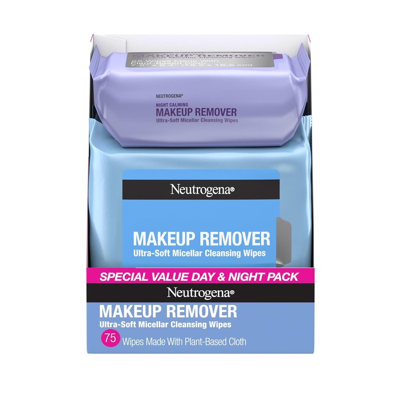 Neutrogena Day & Night Facial Cleansing Wipes, Makeup Remover Face Cleansing Towelettes & Night Calming Facial Cloths, 100% Plant Based Fibers Wipe Away Dirt & Oil, (3 Packs of 25)