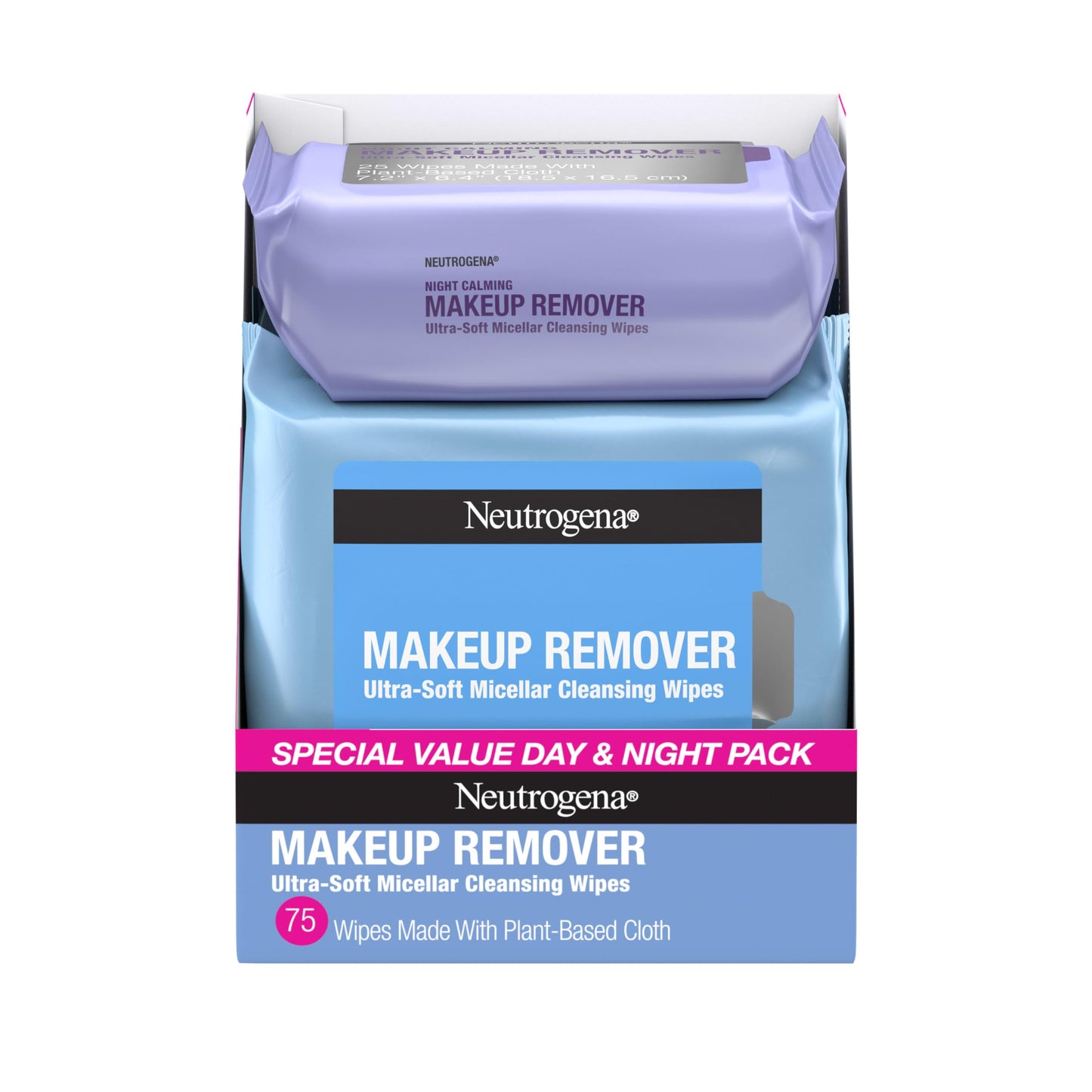 Neutrogena Day & Night Facial Cleansing Wipes, Makeup Remover Face Cleansing Towelettes & Night Calming Facial Cloths, 100% Plant Based Fibers Wipe Away Dirt & Oil, (3 Packs of 25)