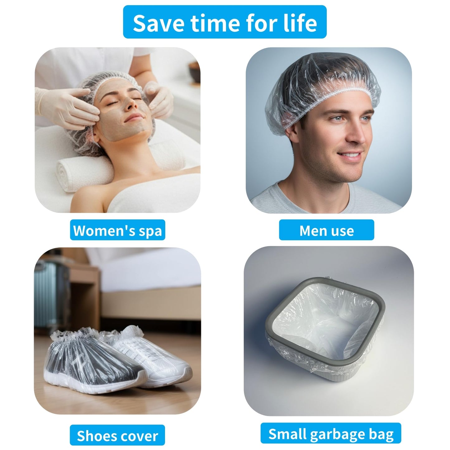 WanMoThink 100 Pcs Disposable Shower Caps Extra Large 22 Inch, Thick Clear Plastic Waterproof Hair Caps for Women and Men, Long Hair Deep Conditioning Caps with Roll-Top Stand-Up Storage Bag
