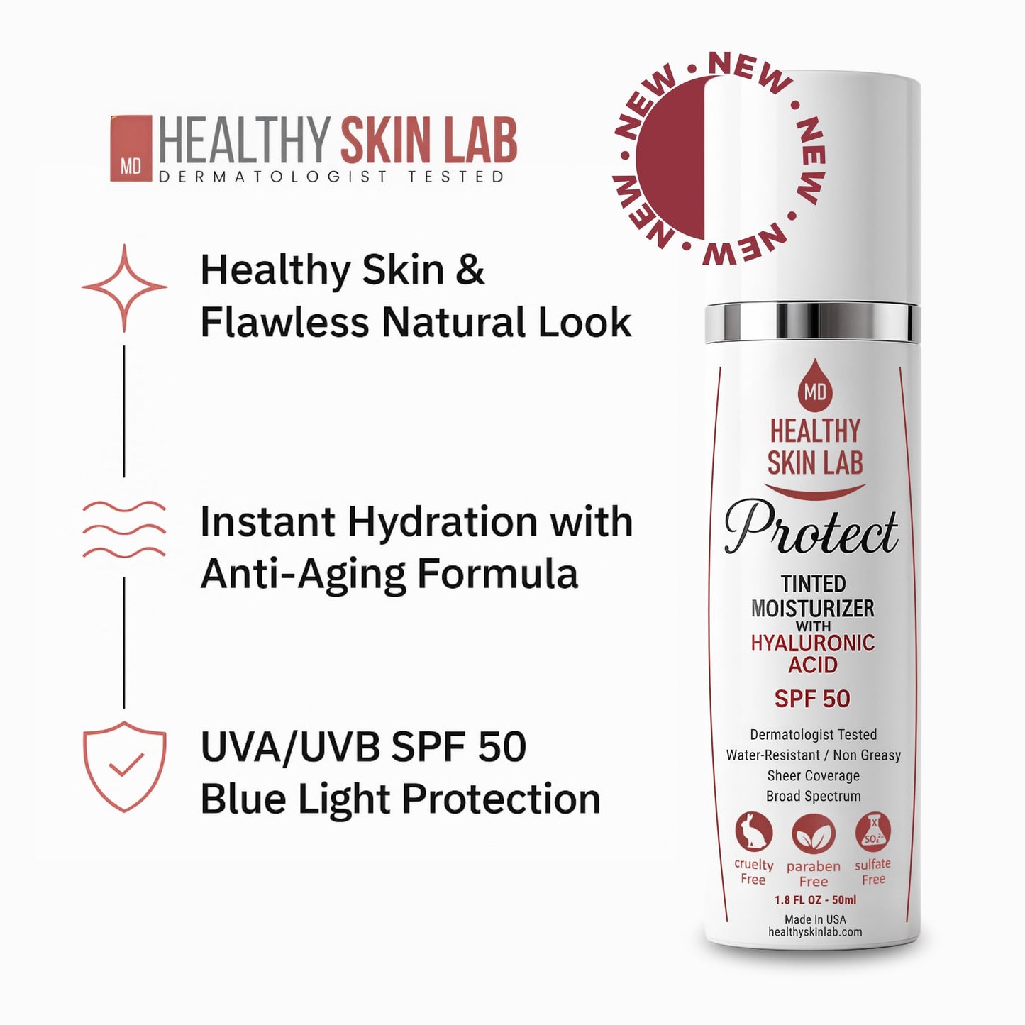 Healthy Skin Lab Protect Tinted Moisturizer SPF 50, Sheer Universal Tint, Lightweight Hydrating Mineral Sunscreen for Face, Hyaluronic Acid, Broad Spectrum Daily SPF, Dermatologist Tested, 1.8 oz