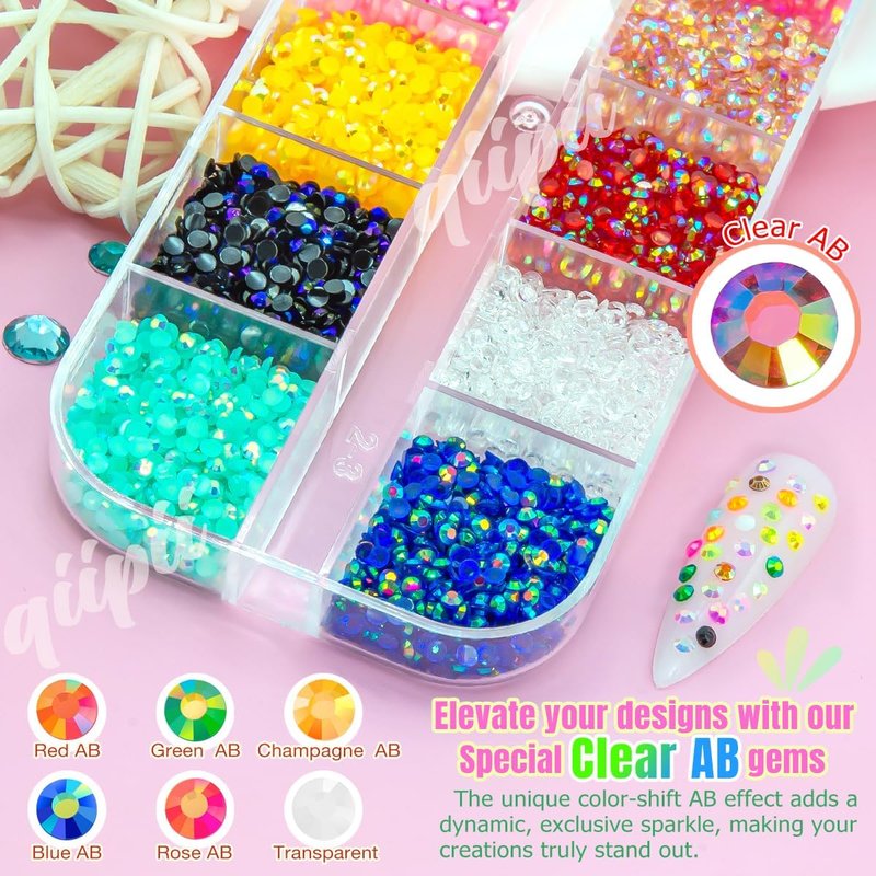 Qiipii 36 Color Tiny 2mm Jelly Resin Rhinestones - Flatback AB Gems for Nail Art, Crafts & Makeup