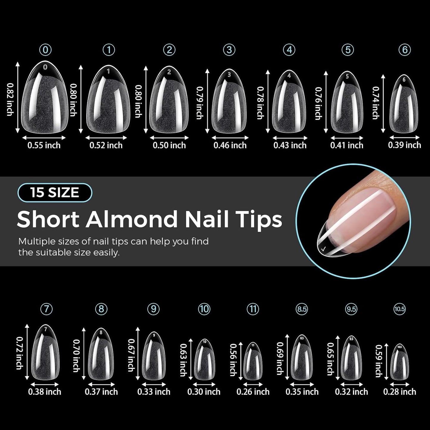 TOMICCA Short Almond Nail Tips - Pre-Shaped Half Matte Clear Full Cover Extensions | 240PCS in 15 Sizes