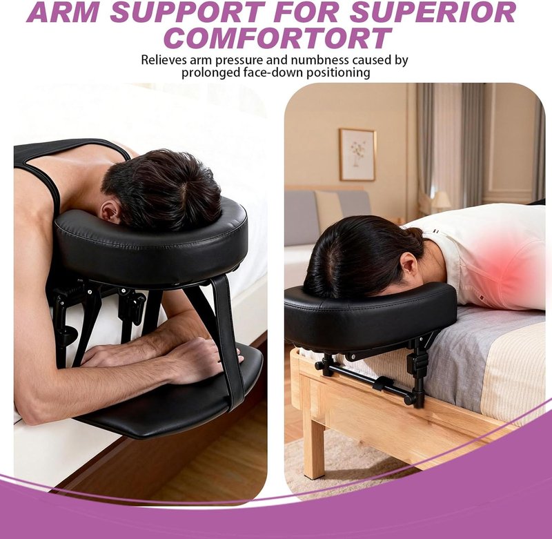 Adjustable Massage Headrest Pillow for Bed - Portable Face Down Support for Home Spa | Fits 6"-17" Mattresses, Black