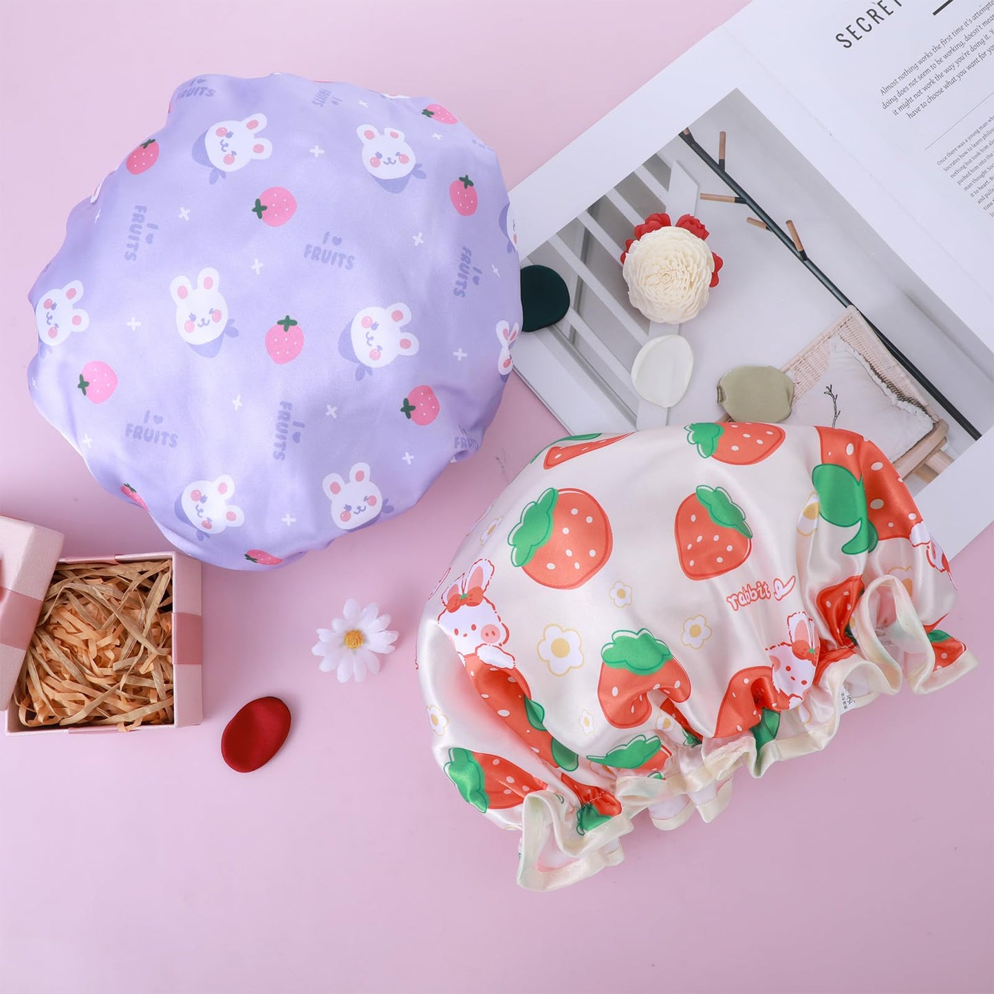 TIESOME Kids Shower Caps, 2 PCS Yellow & Purple Waterproof Double Layers Shower Caps Cute Rabbit Bonnets Elastic Band Bonnet Satin and Eva Soft Kids Sleeping Cap Reusable Shower Cap for Kids