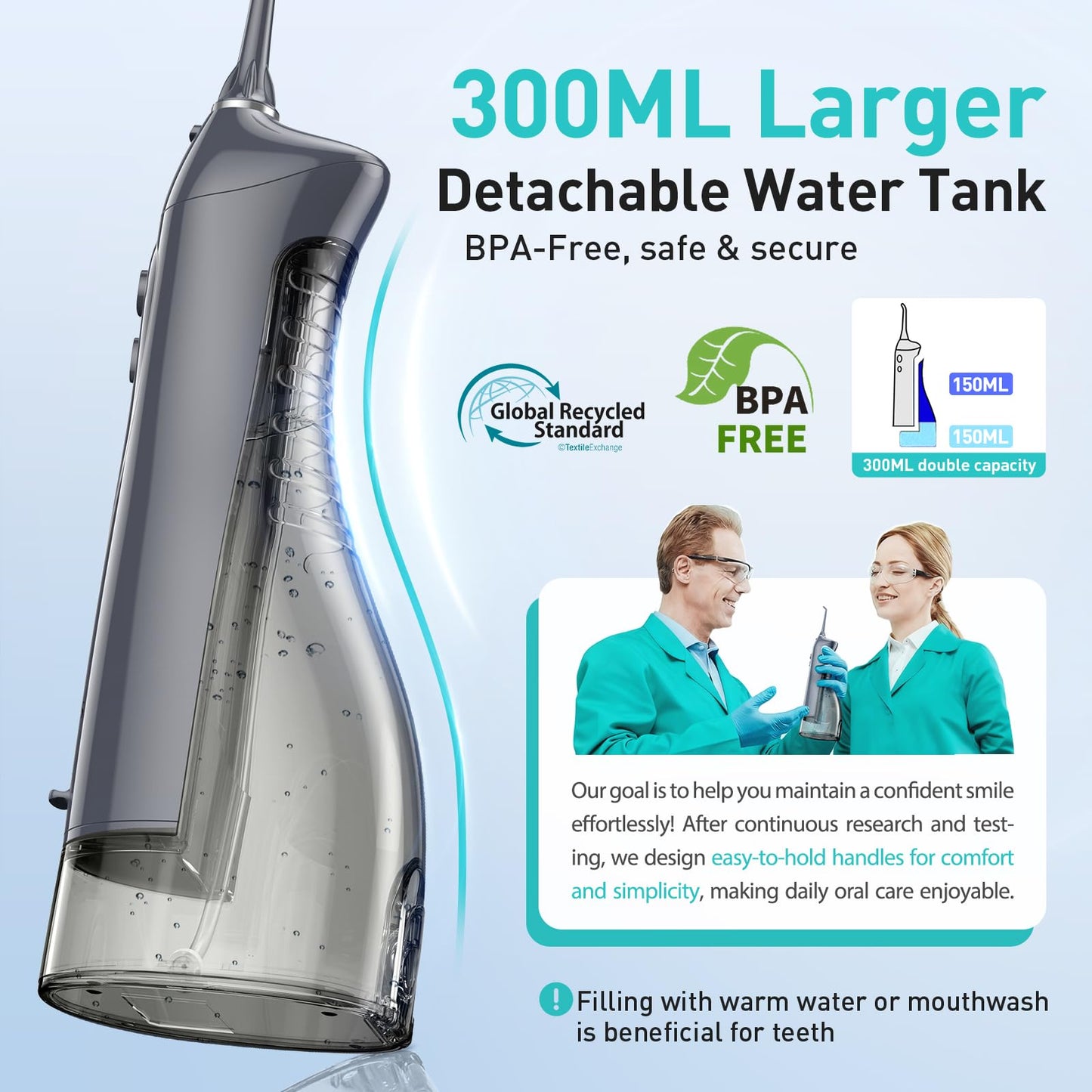 COSLUS Water Dental Flosser Teeth Pick C20: ADA Accepted, Portable Cordless Oral Irrigator 300ML Rechargeable Travel Irrigation Cleaner IPX7 Waterproof Electric Flossing Machine for Teeth, Grey