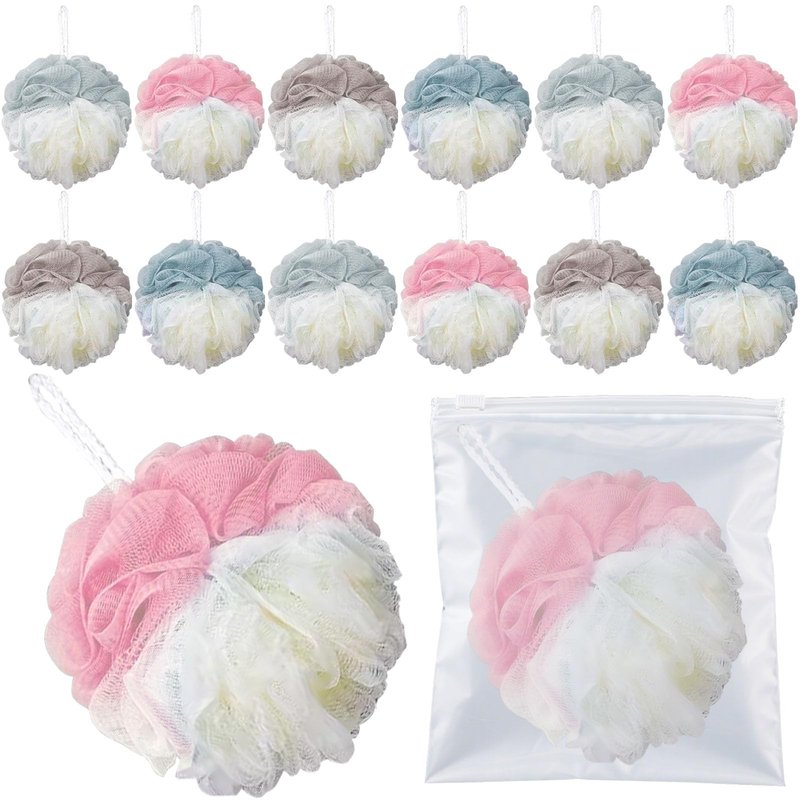 BEAGERUO 12 Pack Travel Size Loofah Individually Wrapped, 30 g Shower Puffs for Body, Mini Bath Sponge Bulk, Multicolor