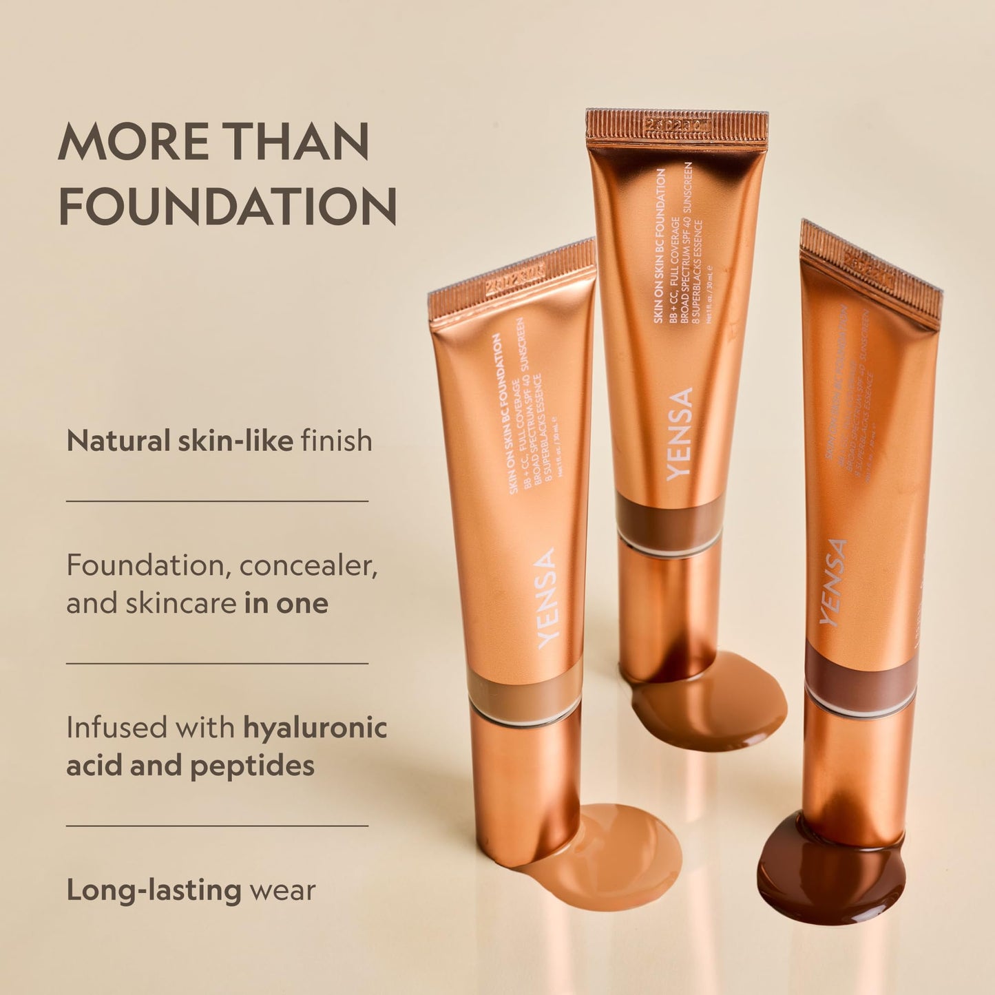 YENSA BC Foundation - Full Coverage Foundation, CC & BB Cream In One with SPF 40 - Enriched With Hyaluronic Acid & Peptides to Hydrate & Firm Skin - Korean Skin Care Makeup - Light Warm (1 oz)